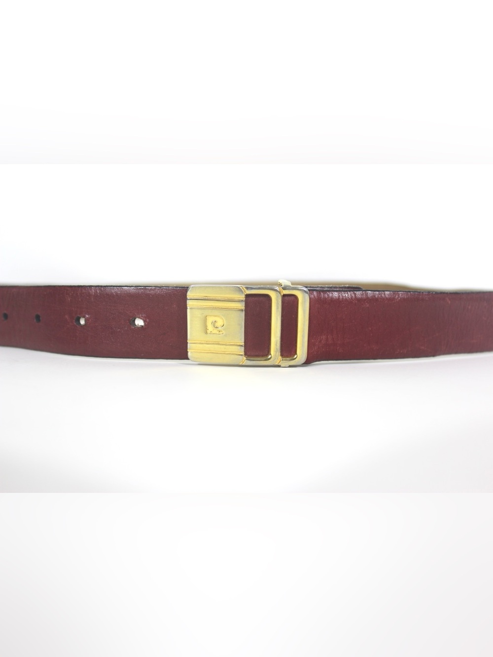 Vintage Deep Red Leather Belt with Gold Buckle, Worn In Skinny, Dressy Maroon